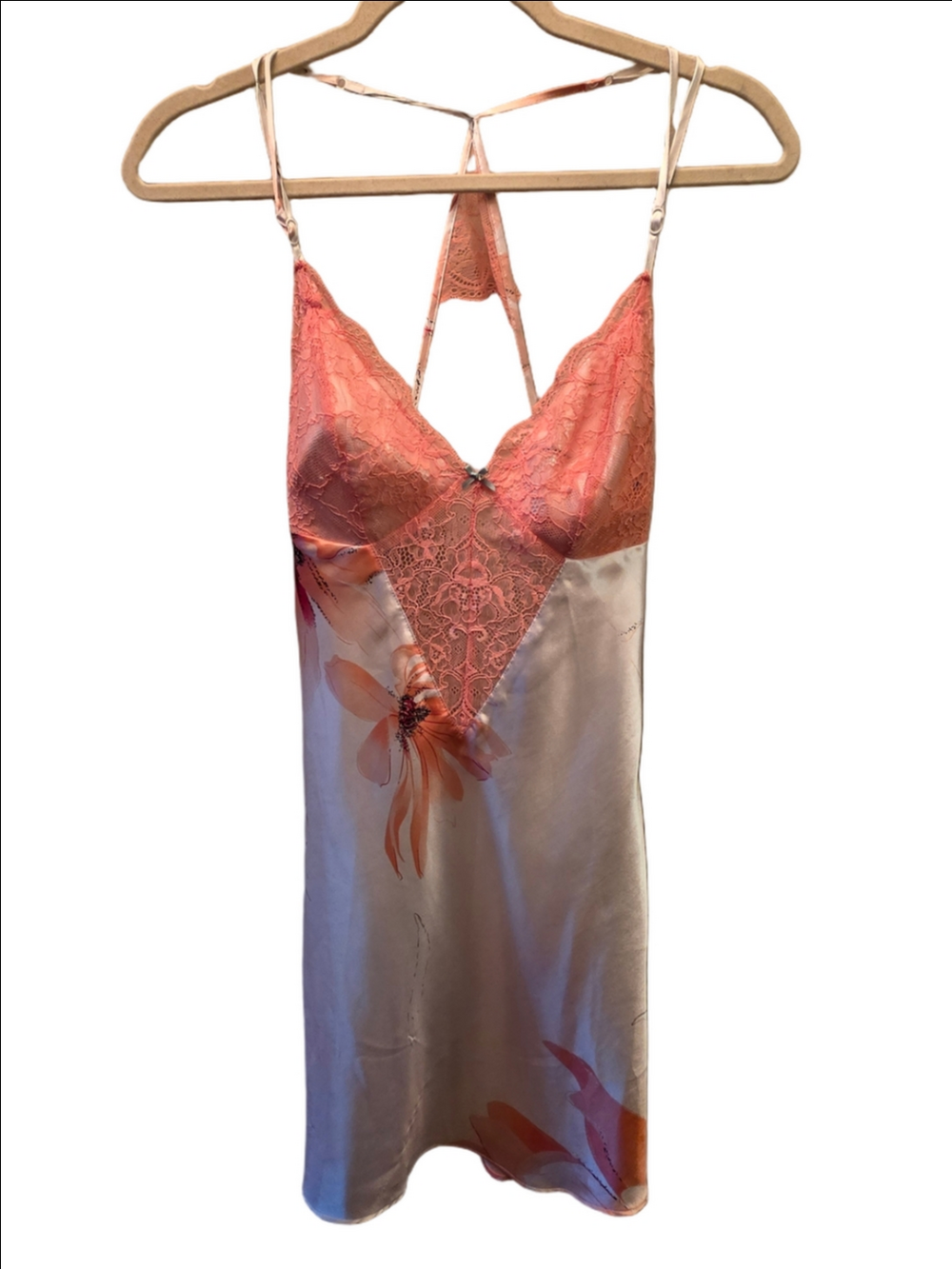 Floral Lace Satin Chemise Slip in Coral and White